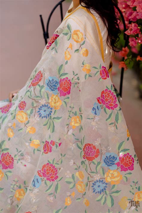 Pre-Order: 'Nosheen' White Pure Cotton Jamdani Real Zari Banarasi Hand ...