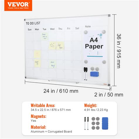 VEVOR Calendar Whiteboard, 36 x 24 Inches Magnetic Dry Erase Calendar ...