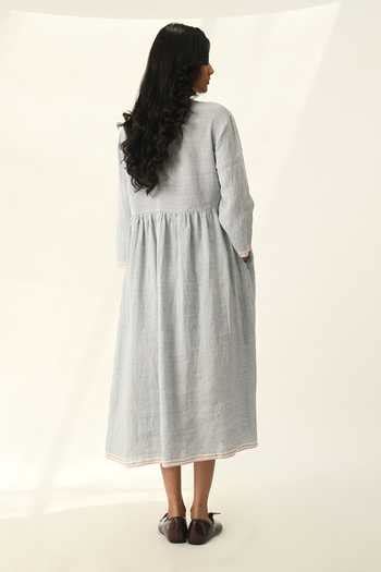 Buy Blue Linen Embroidery Round Neck Bella Applique Dress For Women by ...