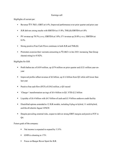 Earnings call - Earnings call Highlights of current per: Revenue ₹75 ...