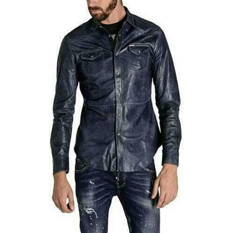 Men's Navy Blue Leather Shirt 100% Genuine Soft Lambskin Shirt - Zafy ...