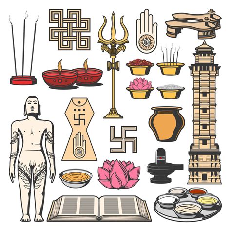 Jainism Indian religion symbols, Jain Dharma icons 23840767 Vector Art ...