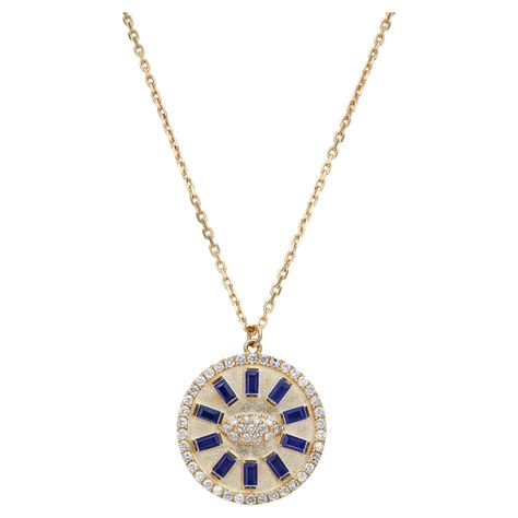 Diamond and Blue Sapphire Evil Eye Pendant Necklace In 14K Yellow Gold ...