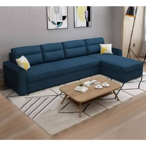 FURNY Flamingo 6 Seater Fabric RHS Sectional L Shape Sofa Set (Blue ...