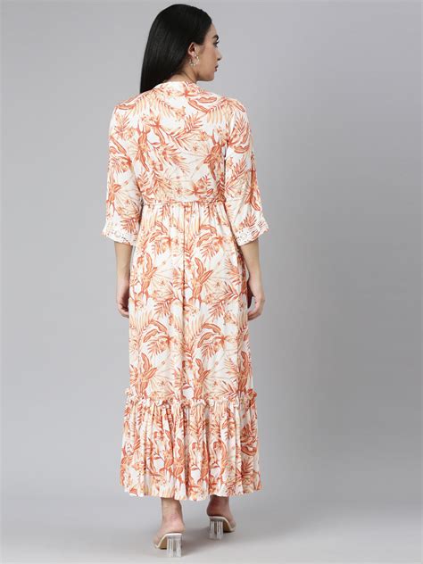 Neerus Orange Floral Printed Chiffon Maxi Dress for Casual Party Women ...