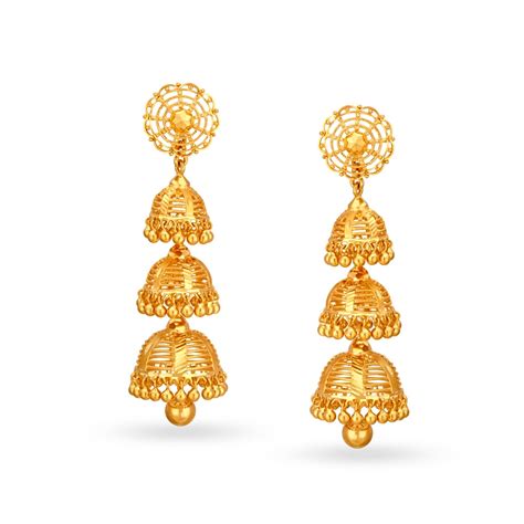 Traditional Elongated Gold Filigree 3 Layer Jhumkas
