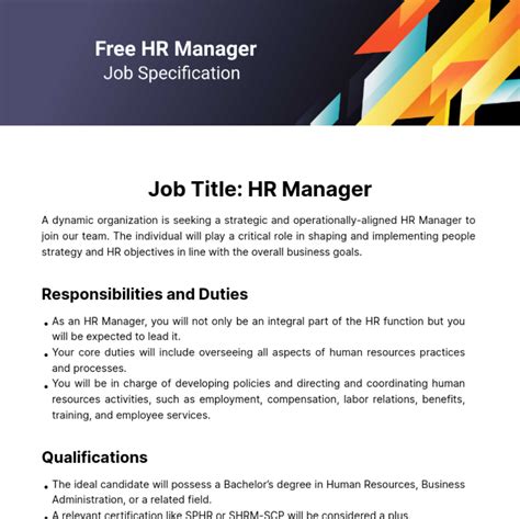 Free HR Manager Job Specification Template to Edit Online