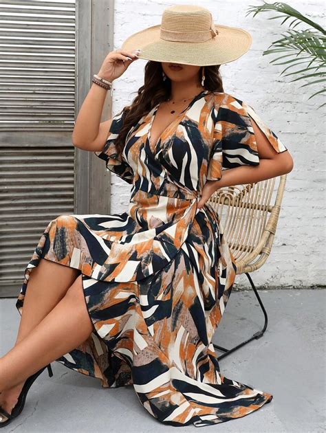 SHEIN Holidaya Plus Allover Print Knot Side Ruffle Trim Wrap Dress ...