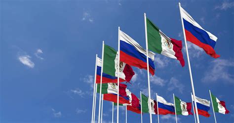 Mexico and Russia Flags Waving Together in the Sky, Seamless Loop in ...