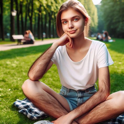 a cute hairy girl sitting on the grass in a park by philliser on DeviantArt