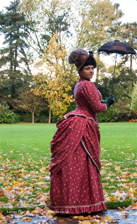 1883 Victorian bustle walking dress in cotton, french bonnet in silk ...