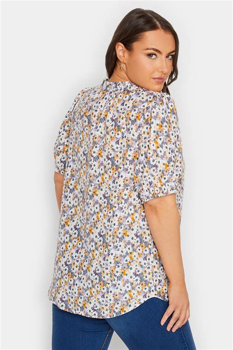 YOURS Plus Size White & Purple Floral Print Tie Neck Blouse | Yours ...