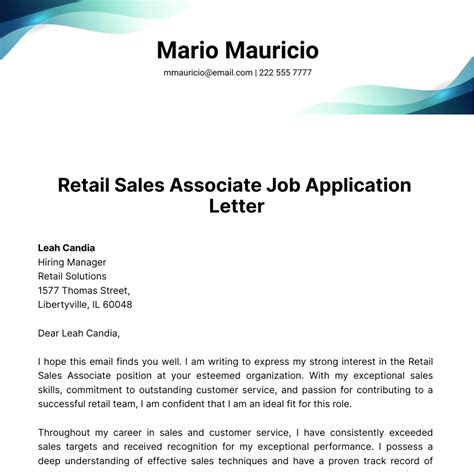 Free Retail Sales Associate Job Application Letter Template to Edit Online