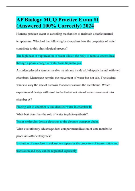 AP Biology MCQ Practice Exam #1 (Answered 100% Correctly) 2024 - AP ...