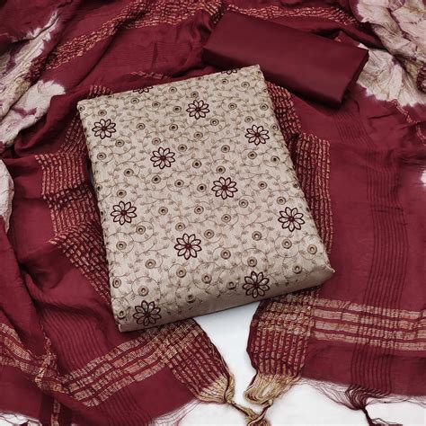 Chikoo Embroidered Raw Silk Dress Material
