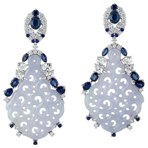 Hand Carved Jade Blue Sapphire 18 Karat Gold Diamond Earrings For Sale at 1stDibs