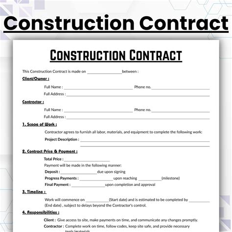 Editable Construction Contract Agreement Template, Single Page ...