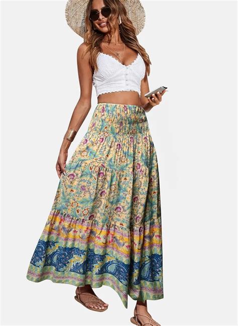YUNIQEE Pink Blue Printed Tiered Maxi Skirt for Women | Best Price UAE