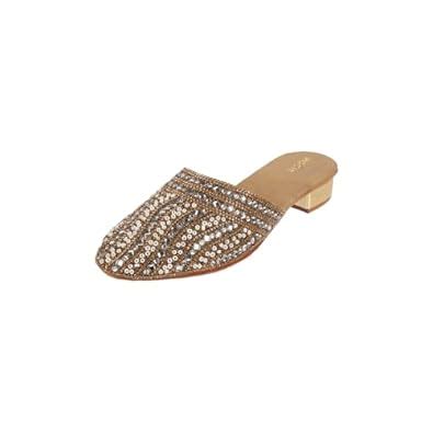 Metro Women Antique Gold Synthetic Embellished Ethnic Flat Mule Shoes ...
