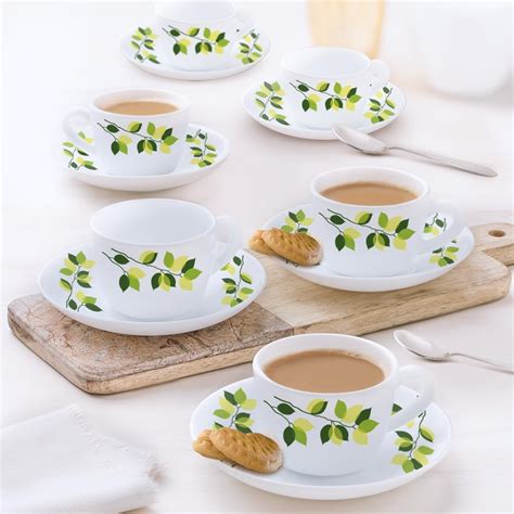 Larah by Borosil Silk Series Green Leaves Opalware Cup and Saucer Set ...