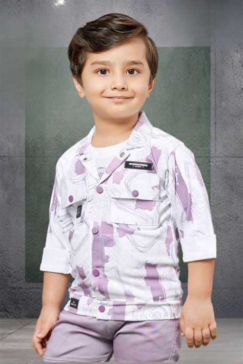 White with Light Purple Printed Blazer, T-Shirt and Pant Set for Boys ...