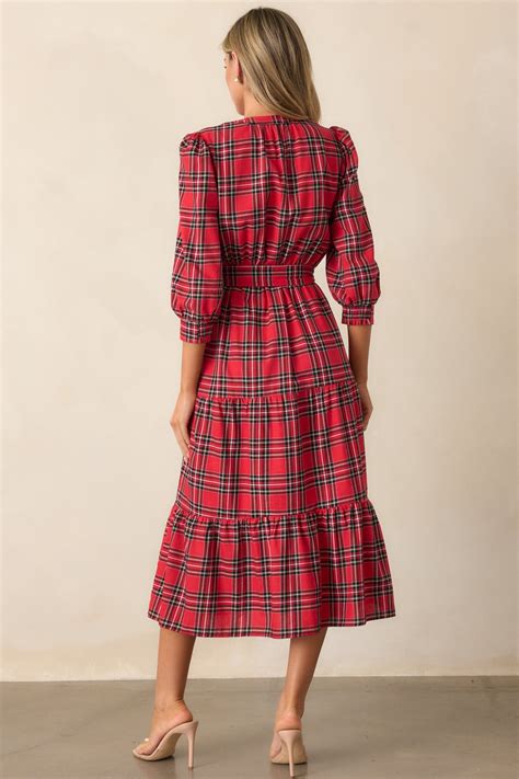 Red Plaid Long Sleeve Midi Dress - All Dresses | Red Dress