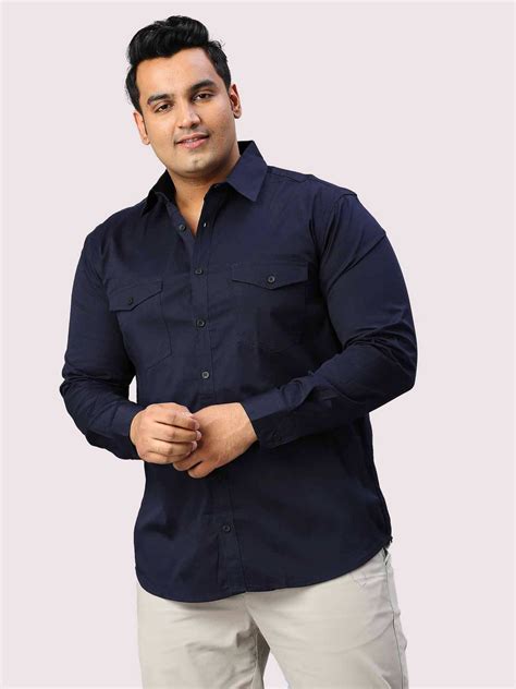 Buy Navy Blue Solid Pure Cotton Double Pocket Full Sleeve Shirt Men's ...