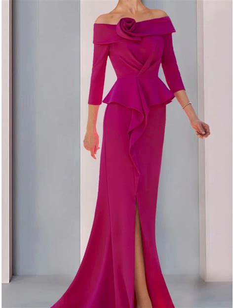 A-Line Mother of the Bride Dress Wedding Guest Elegant Off Shoulder Sweep / Brush Train Stretch ...