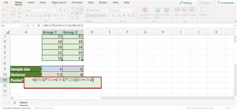 Image result for Pooled Variance Excel