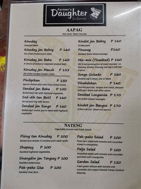 Menu at The Farmer's Daughter Restaurant, Baguio