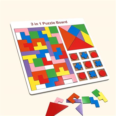Buy Bornshine 3-in-1 Wooden Educational Puzzle Board, Tangram, Building ...