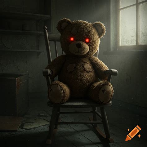A scary teddy bear with glowing red eyes sits on a rocking chair in a ...