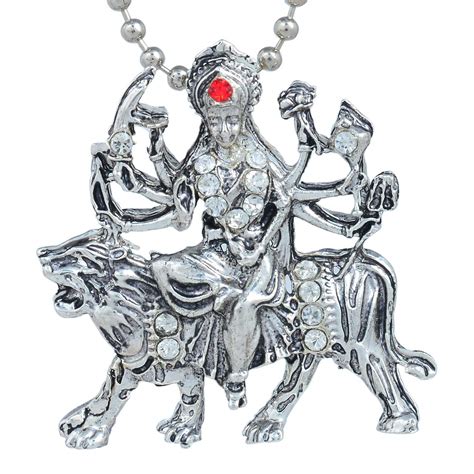 Buy Morvi Silver Plated CZ Durga Sherawali Mata chain pendant locket ...