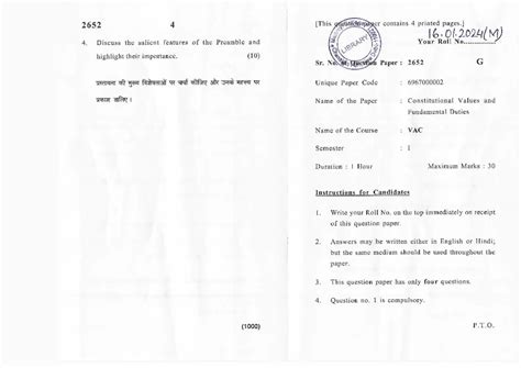 Constitutional Values & Fundamental Duties-I - 2734 4 question paper ...
