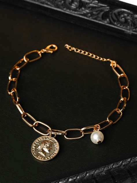 White Pearls Rose Gold Plated Coin Link Bracelet – Priyaasi