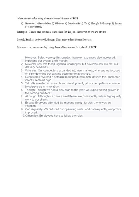 But usage - Good - Make sentences by using alternative words instead of ...