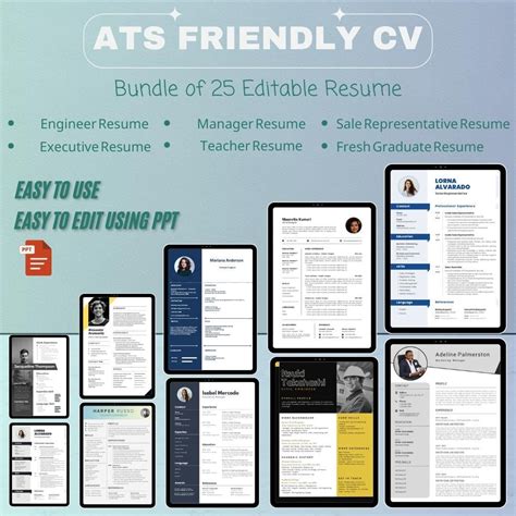 Resume Templates Bundle | 25 Editable CV | ATS Professional Design (PPT ...