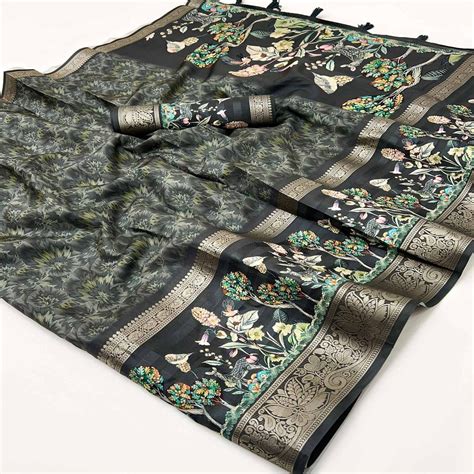 Black Digital Patterned Smooth Cotton Silken Drape Featuring Zari Bord