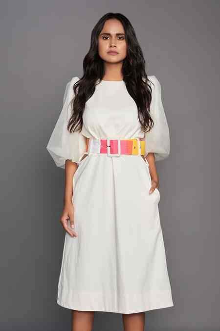 Buy White Net, 100% Cotton Round A-line Midi Dress For Women by Deepika ...