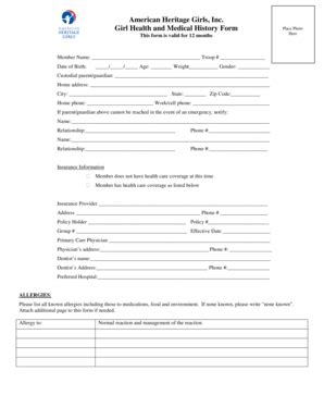 Fillable Online Girl health and medical history form Fax Email Print ...