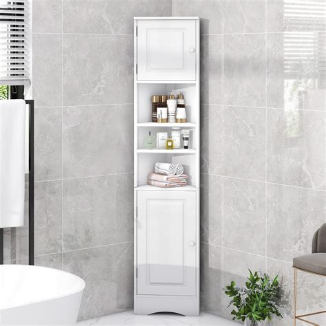 ANTSUK Multi-Functional Tall Corner Bathroom Cabinet, White, 2 Doors 3 ...