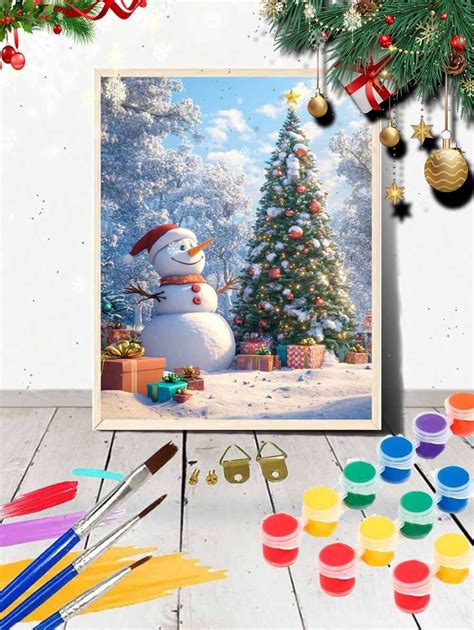 ציור שמן דיגיטלי עץ חג המולד ואיש שלג, מסע יצירת אמנות קל להתחיל ללא ...