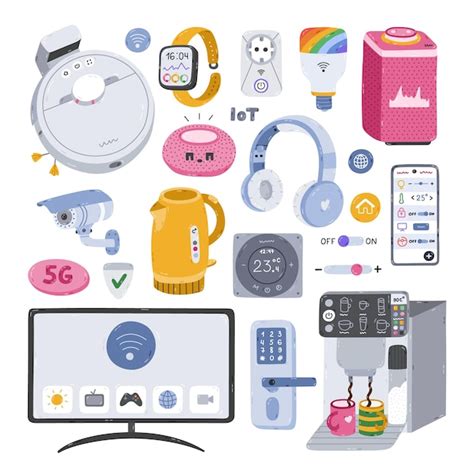 Big cartoon set of smart devices for entertainment cook secure clean ...