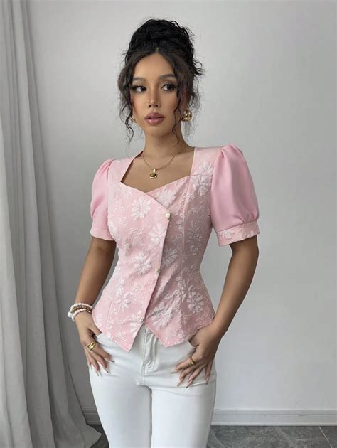 Chiquease Women's Elegant Square Collar Jacquard Fabric Shirt | SHEIN USA