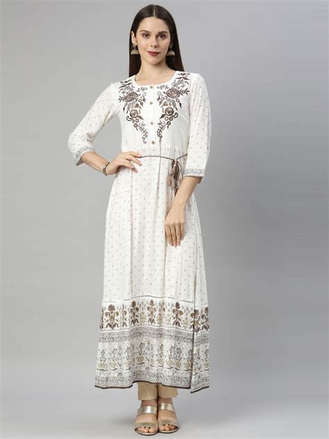 Neerus Women Off White Brown Floral Embroidered Anarkali Kurta – Neerus ...