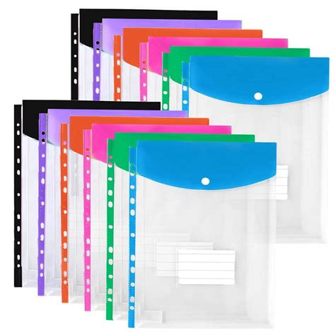 12Pack Plastic Envelopes, Binder Pockets for 3/4/11 Ring Binder,Expandable Document Organizer ...