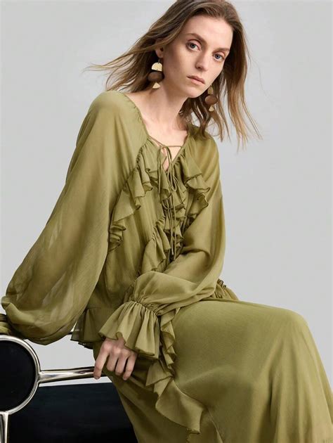 Ontre Women's Flowing Chiffon Dress With Ruffles, Bohemian Style, High ...