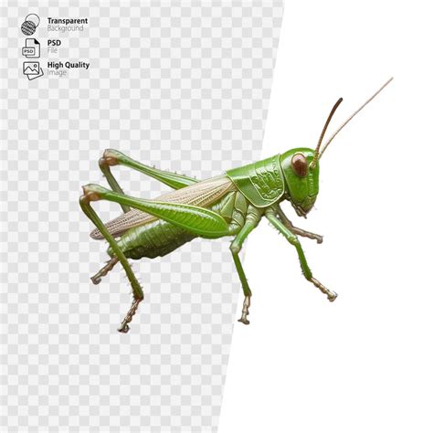 Detailed green grasshopper standing on its hind legs on a transparent ...