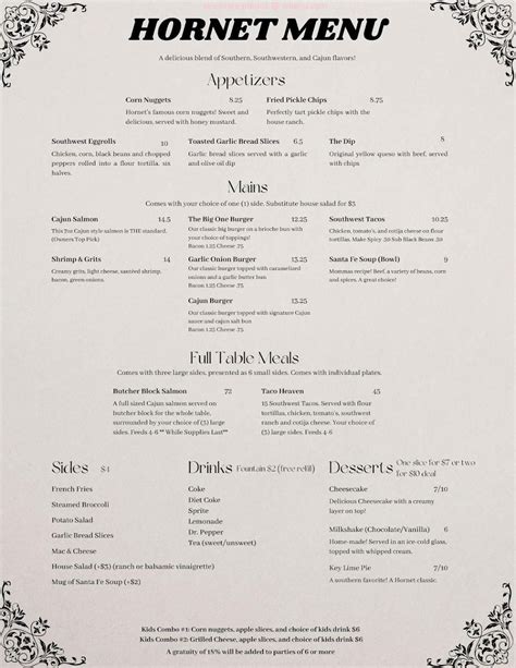 Menu at The Hornet's Nest restaurant, Opelika