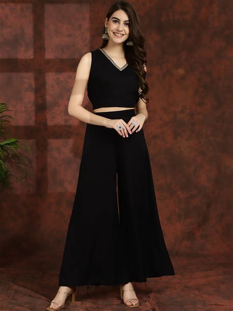 Black Floral Printed Viscose Royal Silk Top with Palazzo & Jacket Co-o ...